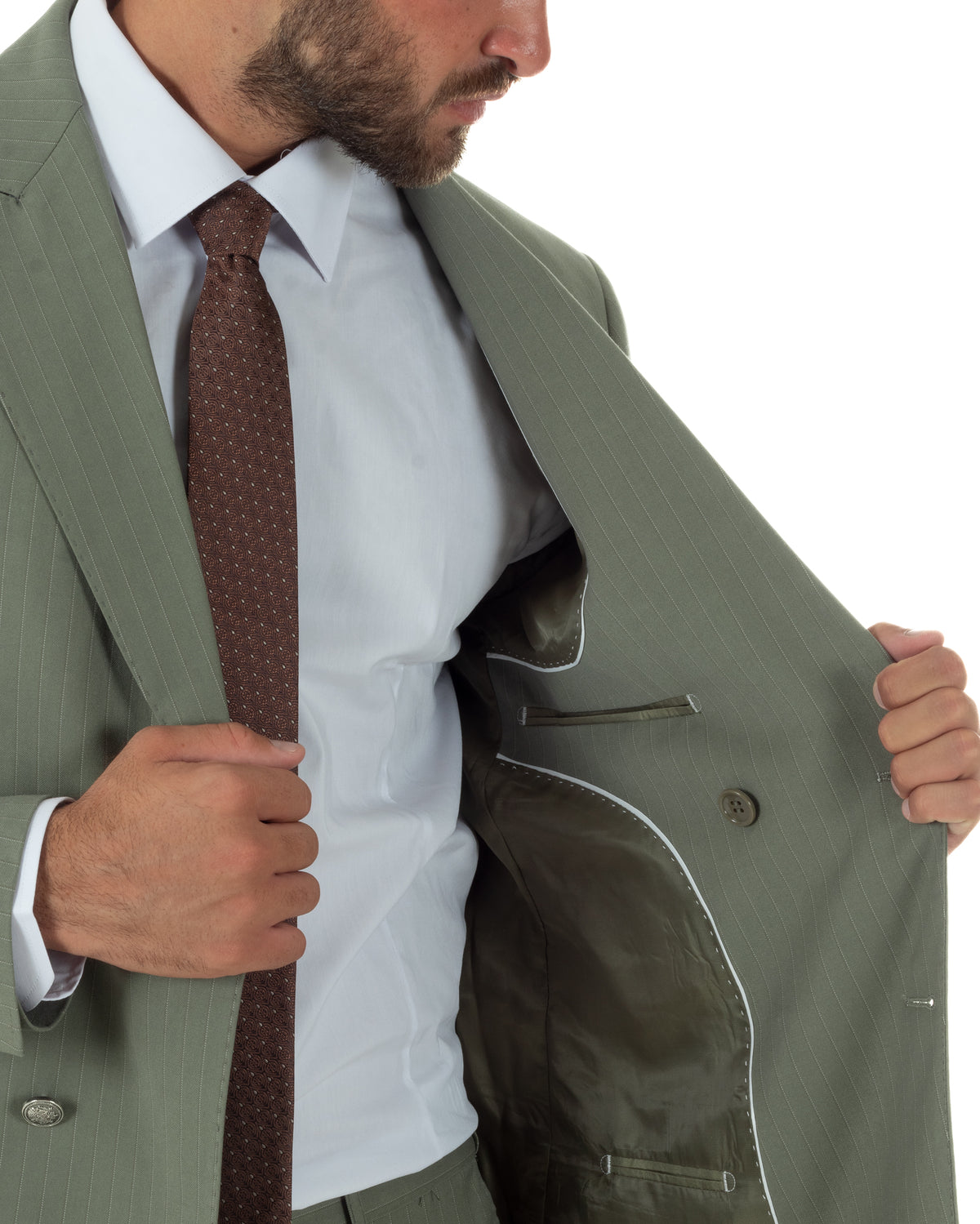 Abito uomo doppiopetto vestito completo rigato giacca pantaloni bottoni metallo fantasia gessata verde salvia GIOSAL-AE1284A