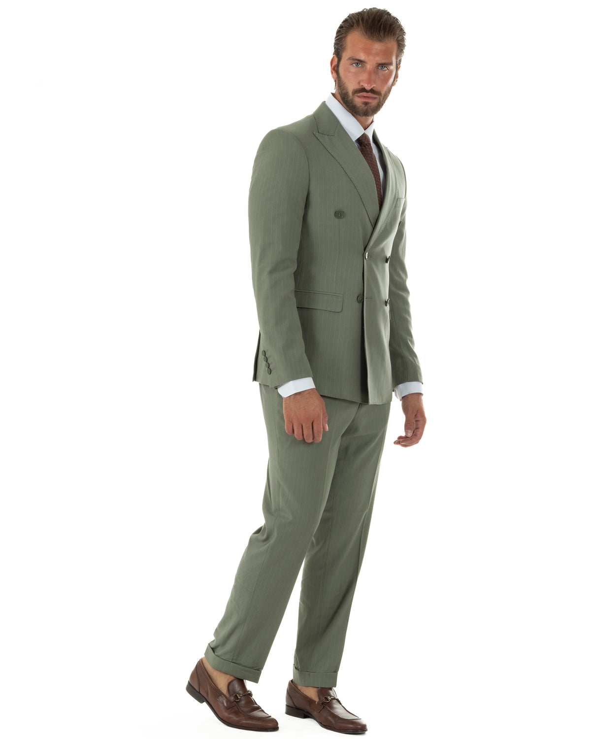 Abito uomo doppiopetto sartoriale rigato giacca pantaloni fantasia gessata verde salvia GIOSAL-AE1285A