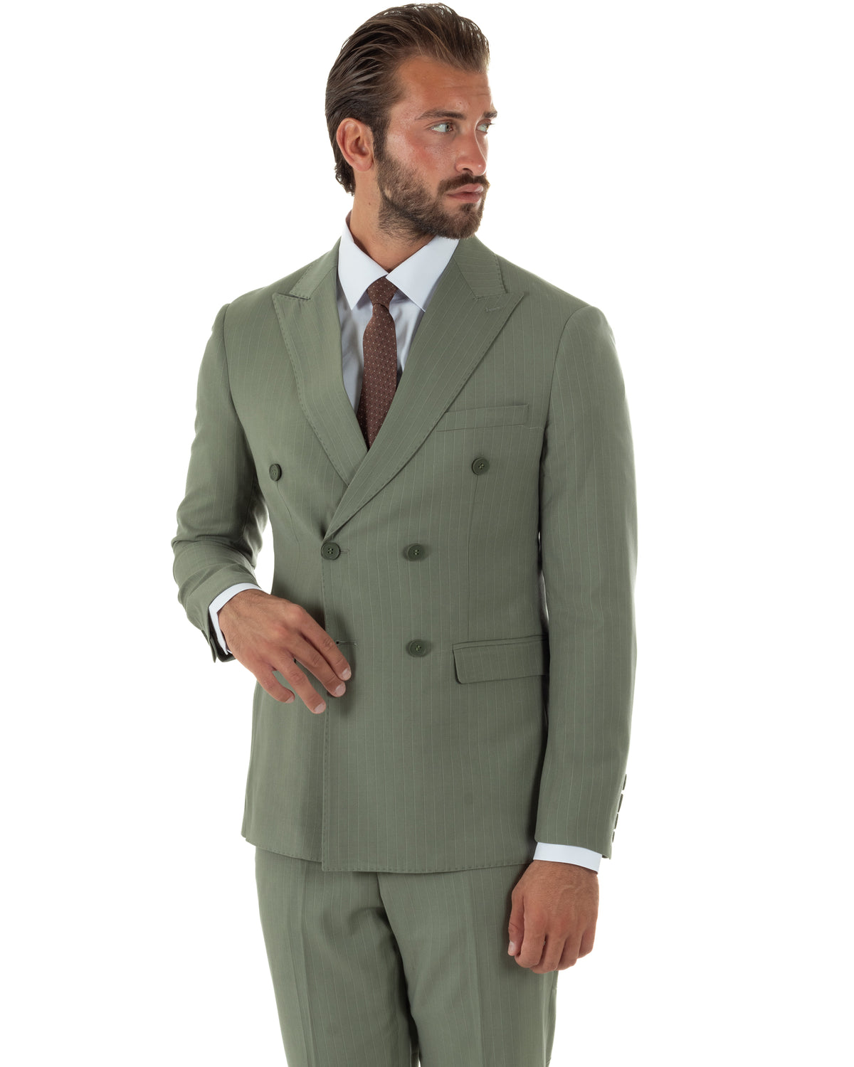 Abito uomo doppiopetto sartoriale rigato giacca pantaloni fantasia gessata verde salvia GIOSAL-AE1285A