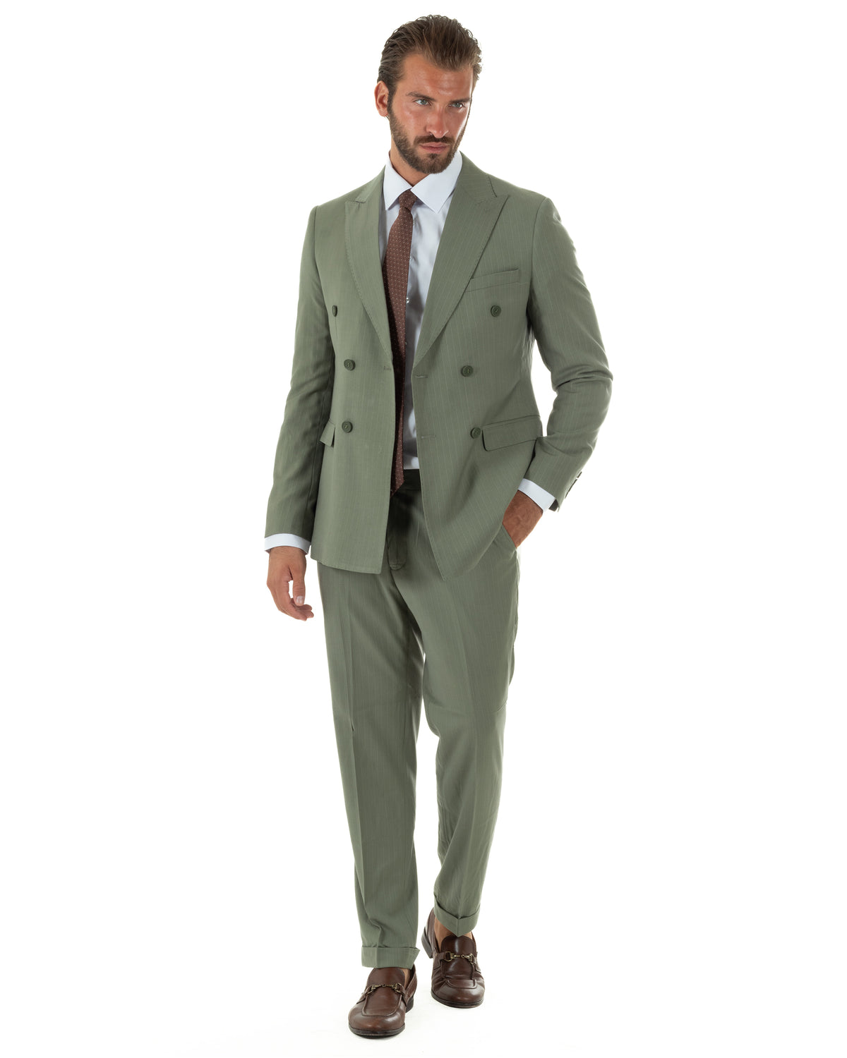 Abito uomo doppiopetto sartoriale rigato giacca pantaloni fantasia gessata verde salvia GIOSAL-AE1285A