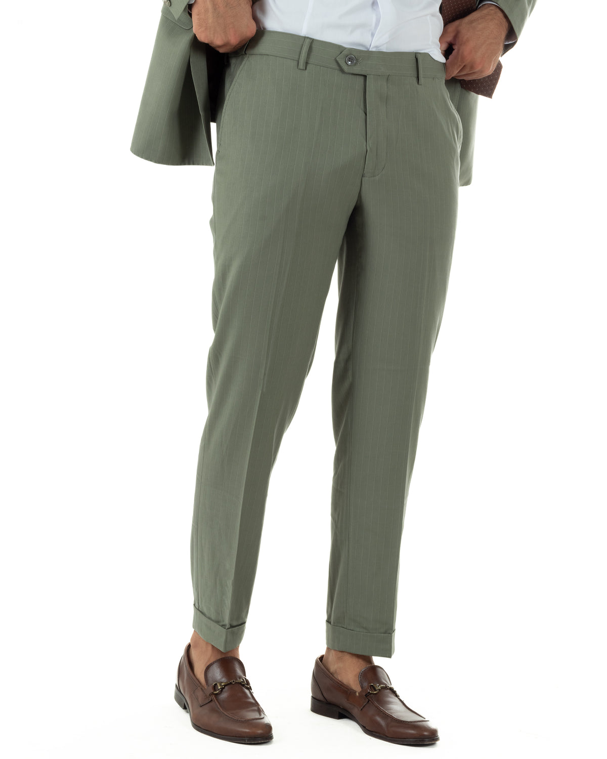 Abito uomo doppiopetto sartoriale rigato giacca pantaloni fantasia gessata verde salvia GIOSAL-AE1285A