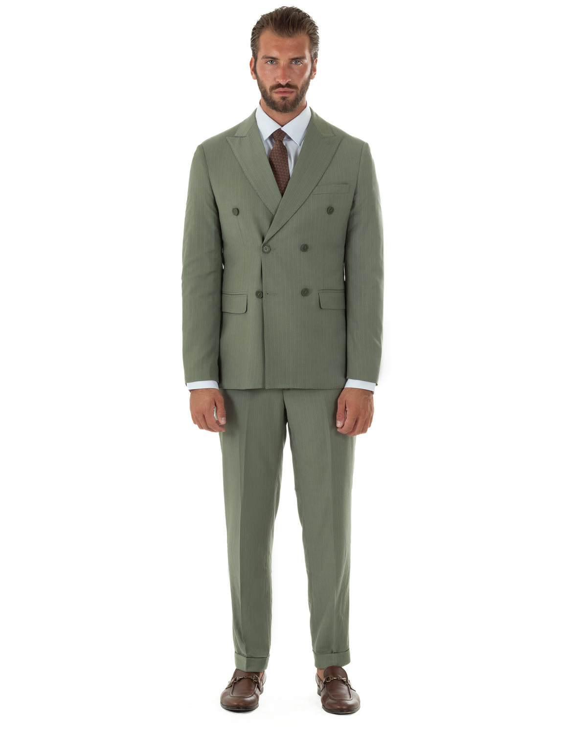 Abito uomo doppiopetto sartoriale rigato giacca pantaloni fantasia gessata verde salvia GIOSAL-AE1285A