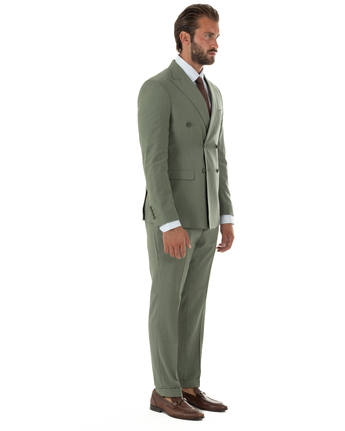 Abito uomo doppiopetto sartoriale rigato giacca pantaloni fantasia gessata verde salvia GIOSAL-AE1285A