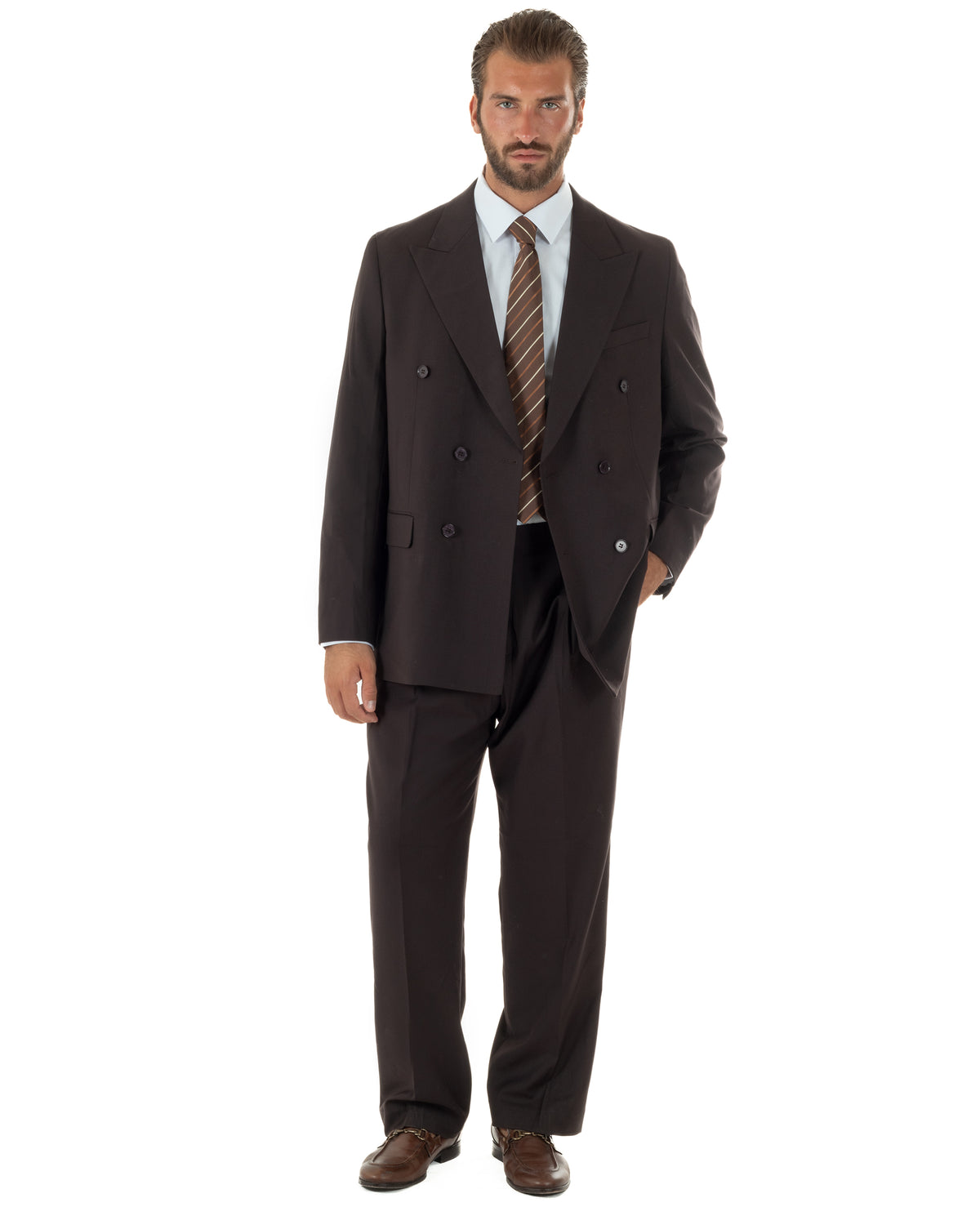 Abito uomo doppiopetto completo baggy giacca rever a lancia e pantaloni marrone GIOSAL-AE1286A