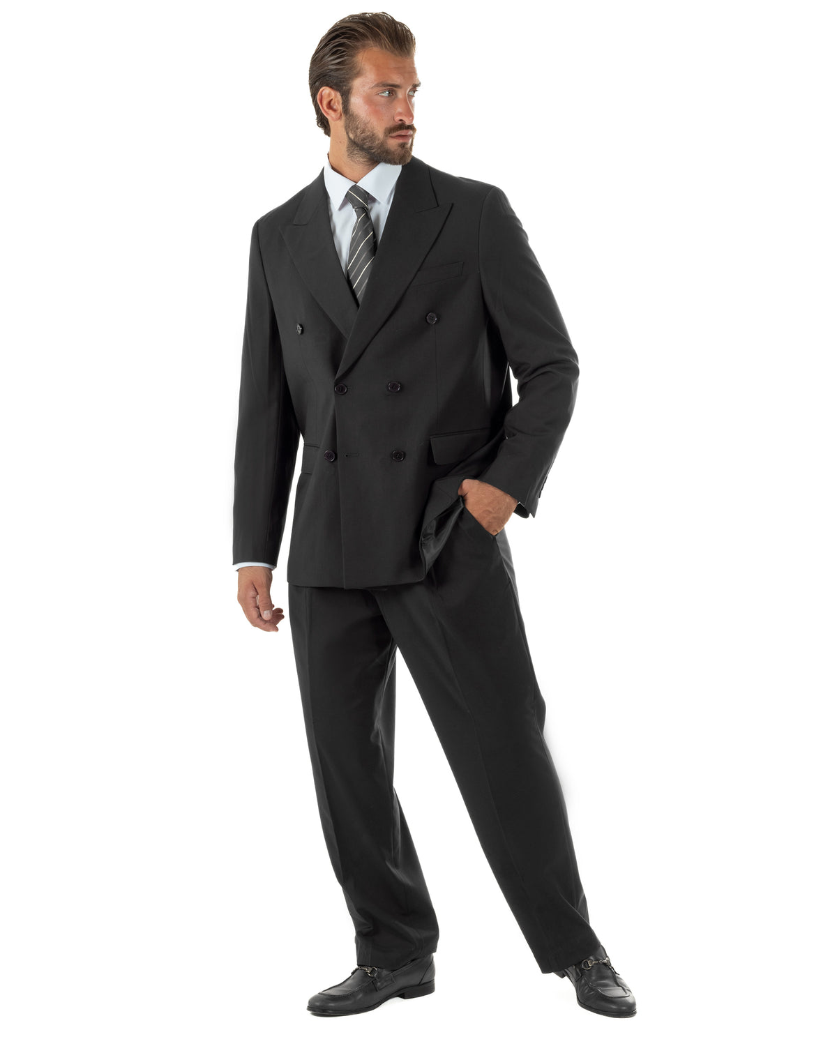Abito uomo doppiopetto completo baggy giacca rever a lancia e pantaloni nero GIOSAL-AE1287A