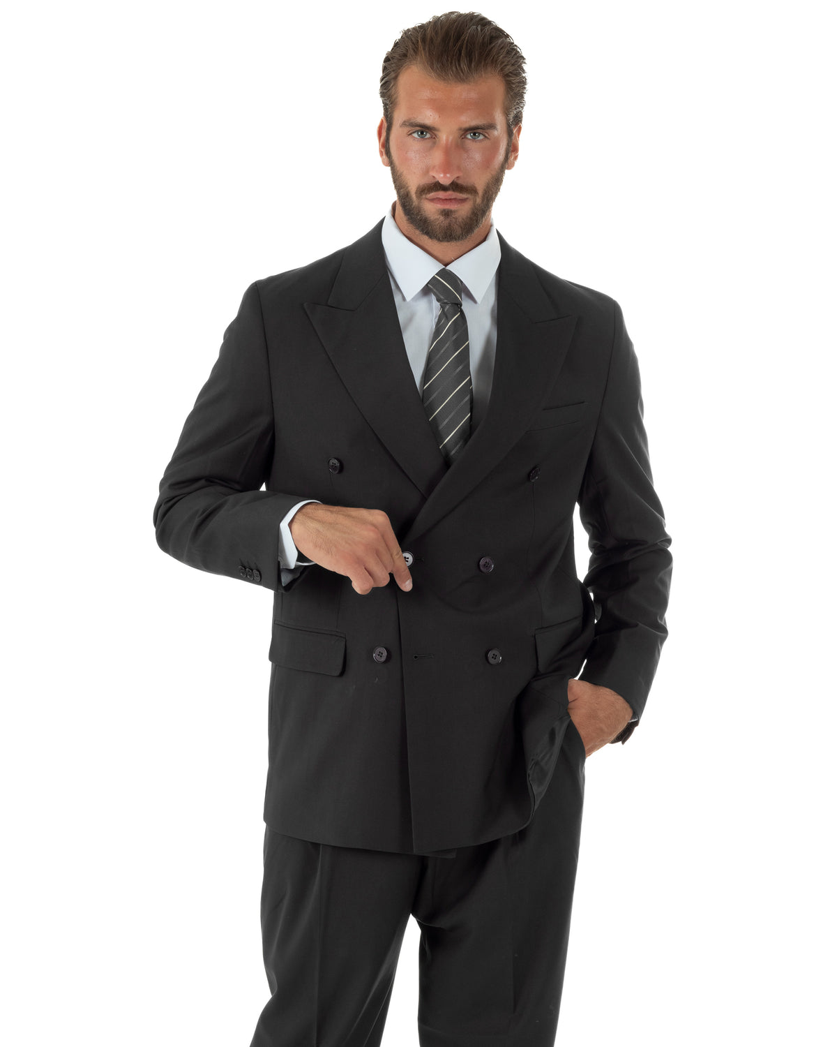 Abito uomo doppiopetto completo baggy giacca rever a lancia e pantaloni nero GIOSAL-AE1287A
