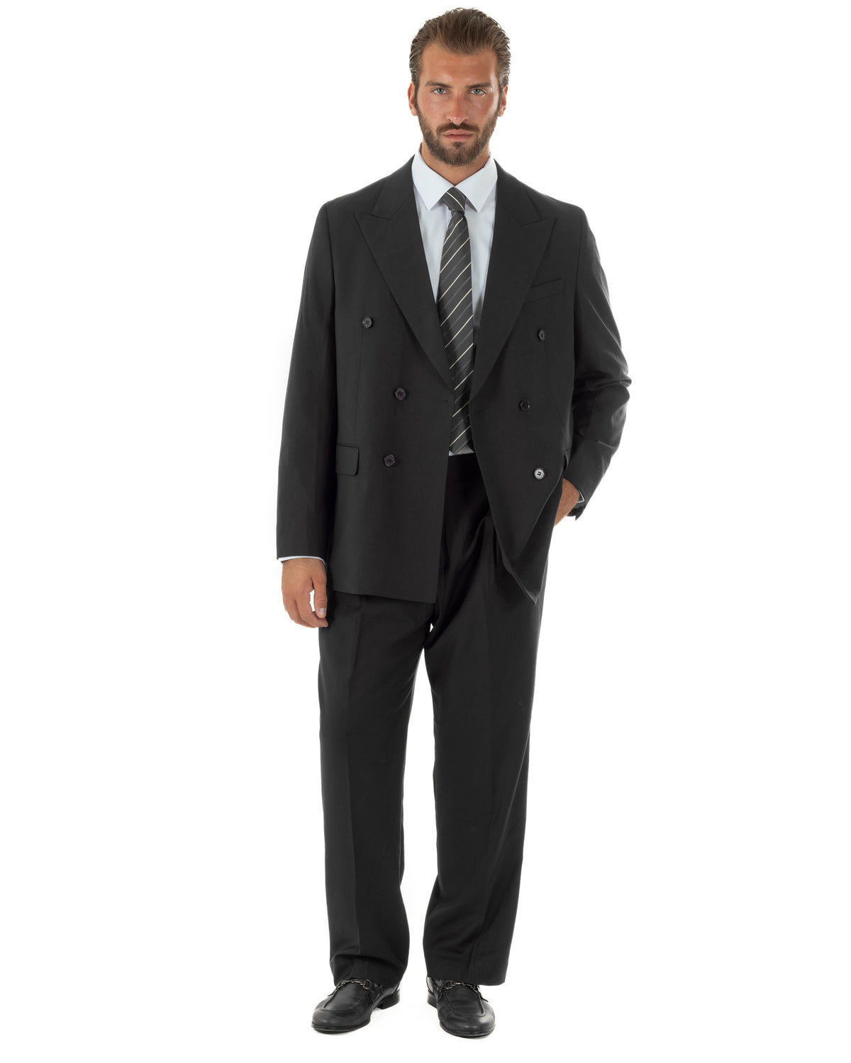 Abito uomo doppiopetto completo baggy giacca rever a lancia e pantaloni nero GIOSAL-AE1287A