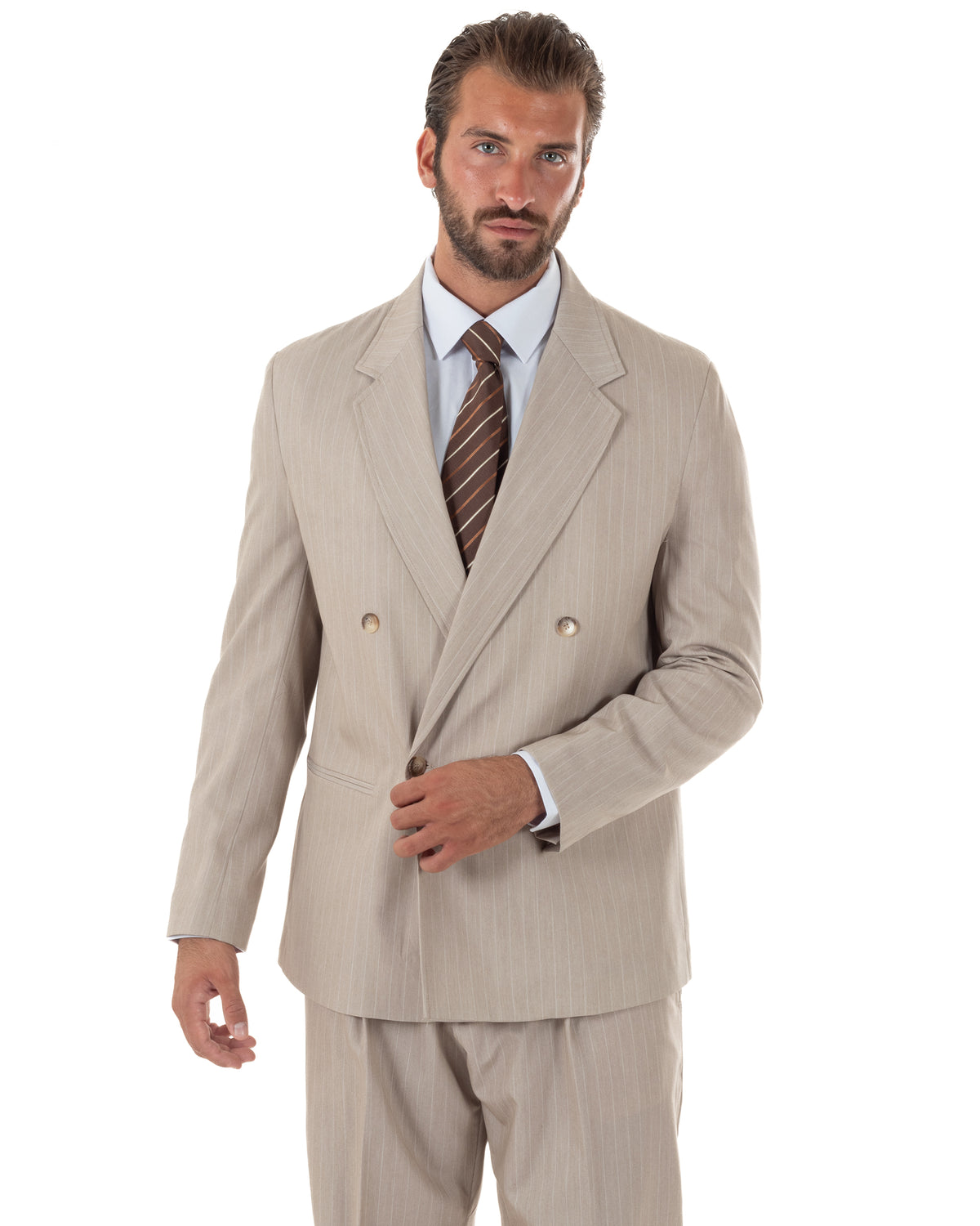 Abito uomo doppiopetto completo rigato gessato giacca bottoni madreperla pantaloni ampi beige GIOSAL-AE1288A