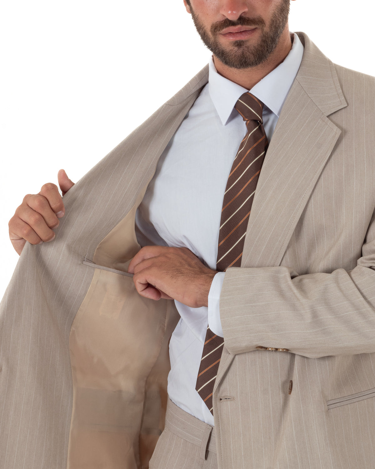Abito uomo doppiopetto completo rigato gessato giacca bottoni madreperla pantaloni ampi beige GIOSAL-AE1288A