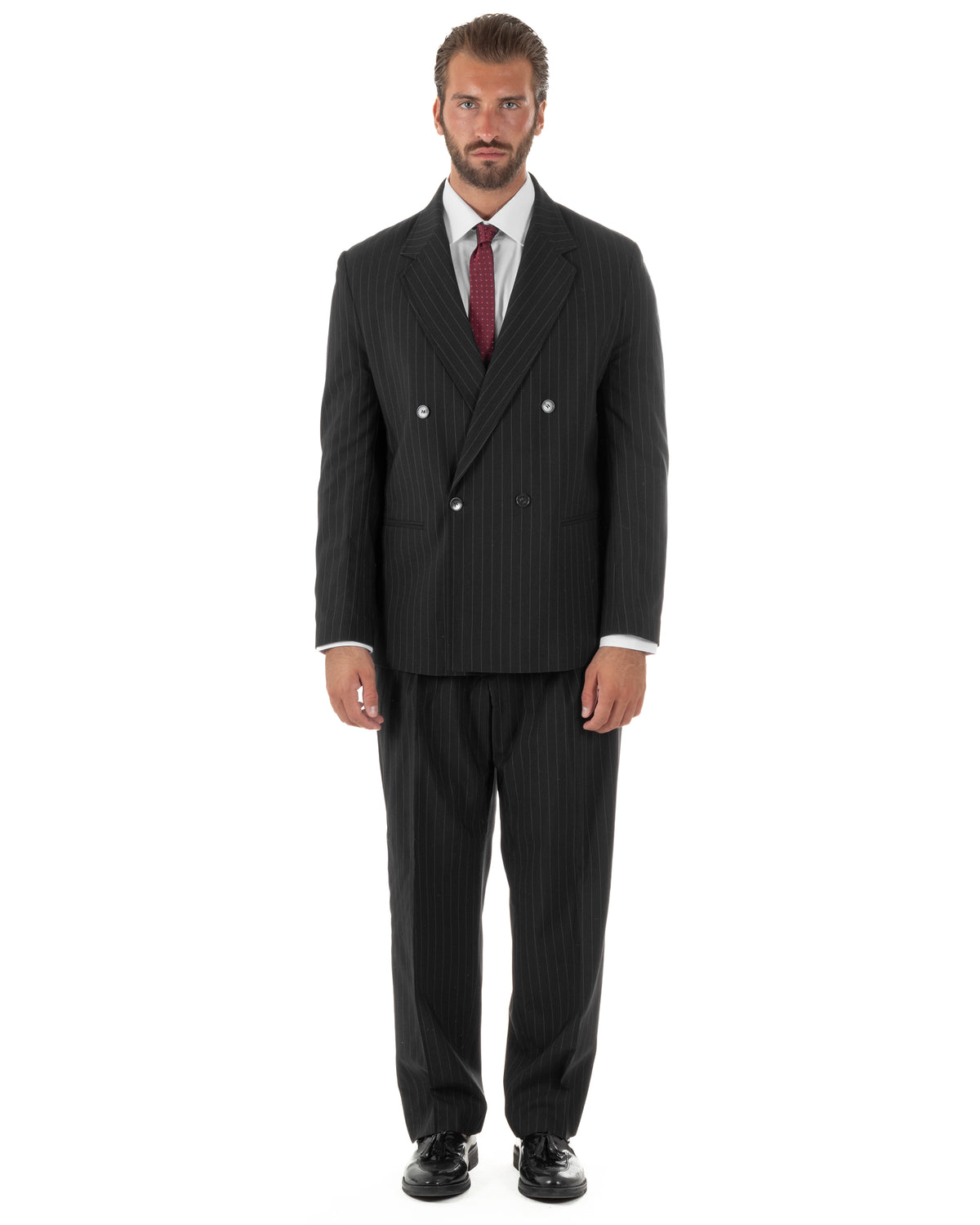 Abito uomo doppiopetto completo rigato gessato giacca bottoni madreperla pantaloni ampi nero GIOSAL-AE1289A