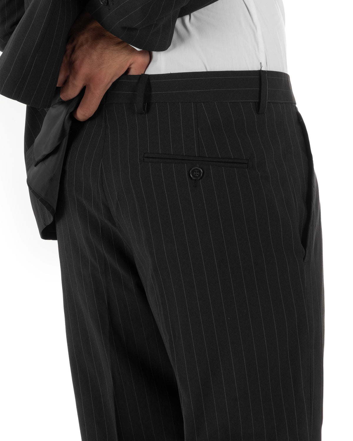 Abito uomo doppiopetto completo rigato gessato giacca bottoni madreperla pantaloni ampi nero GIOSAL-AE1289A