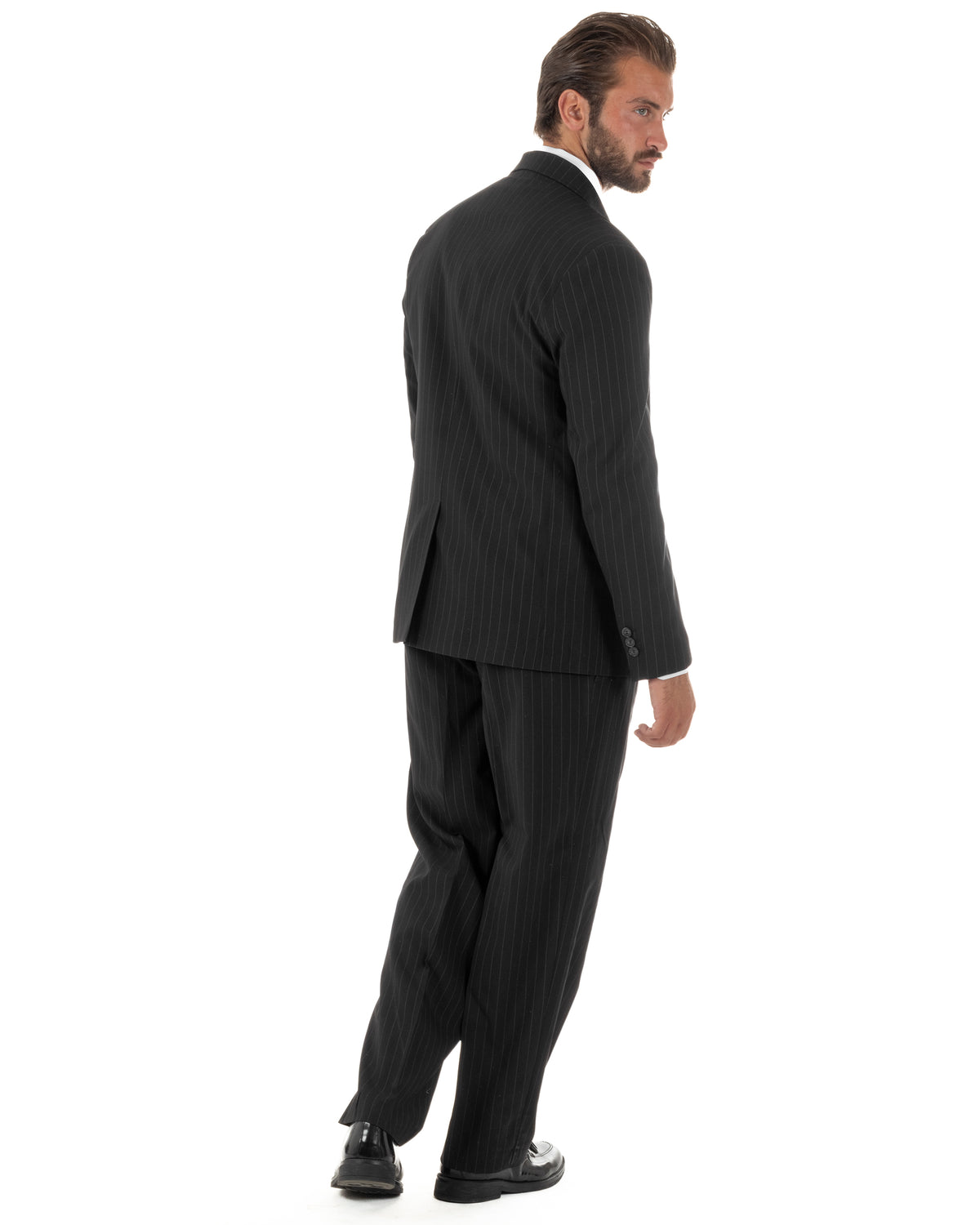 Abito uomo doppiopetto completo rigato gessato giacca bottoni madreperla pantaloni ampi nero GIOSAL-AE1289A