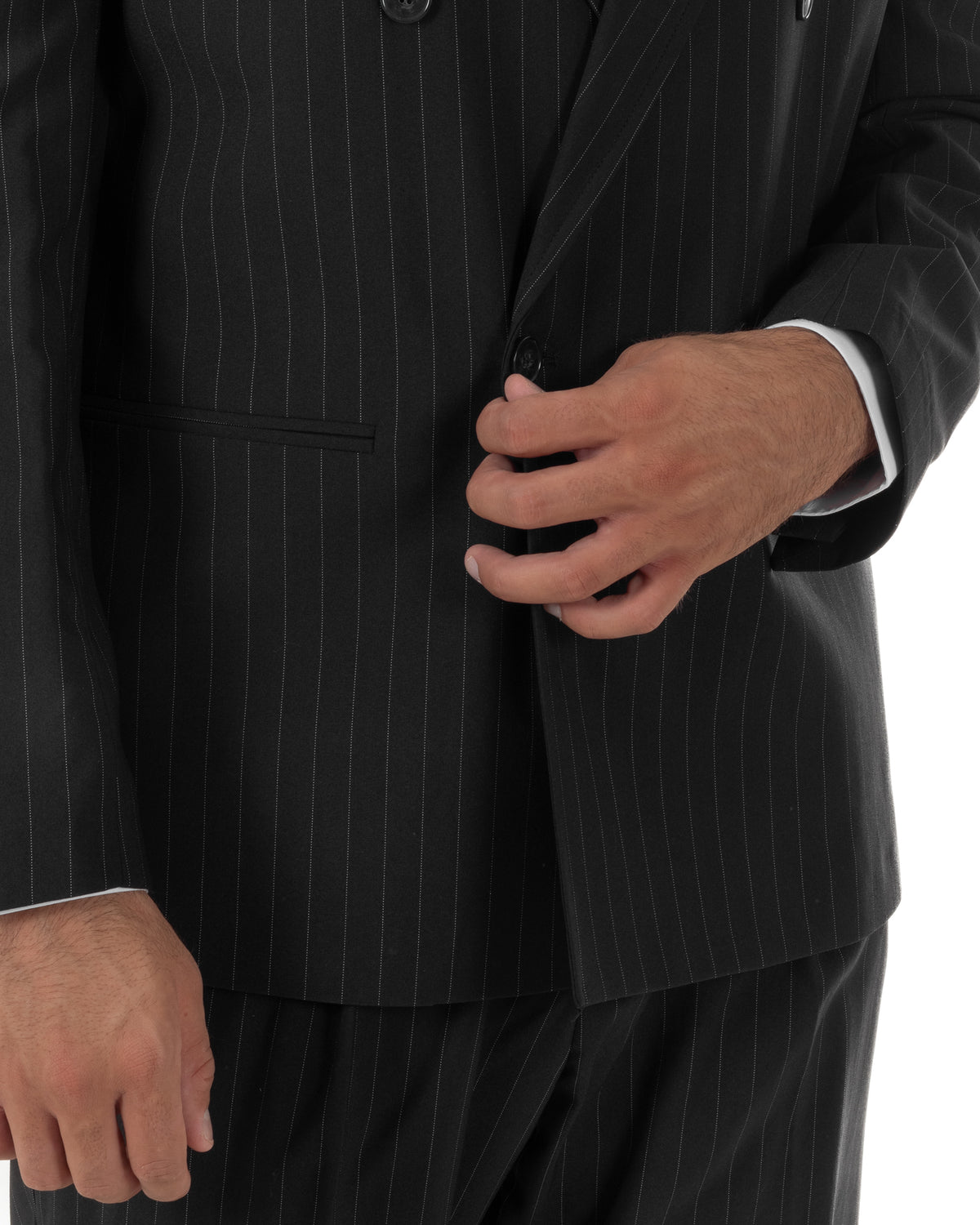 Abito uomo doppiopetto completo rigato gessato giacca bottoni madreperla pantaloni ampi nero GIOSAL-AE1289A