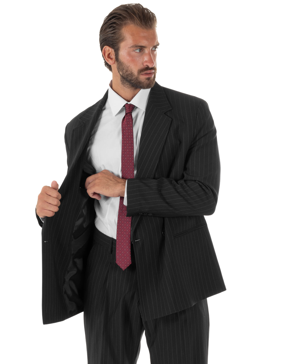 Abito uomo doppiopetto completo rigato gessato giacca bottoni madreperla pantaloni ampi nero GIOSAL-AE1289A