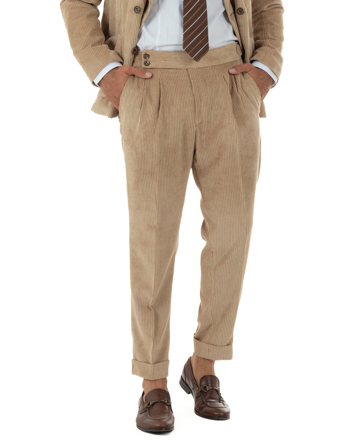 Abito uomo doppiopetto in velluto a coste giacca pantaloni beige BlackSunday-AE1290A