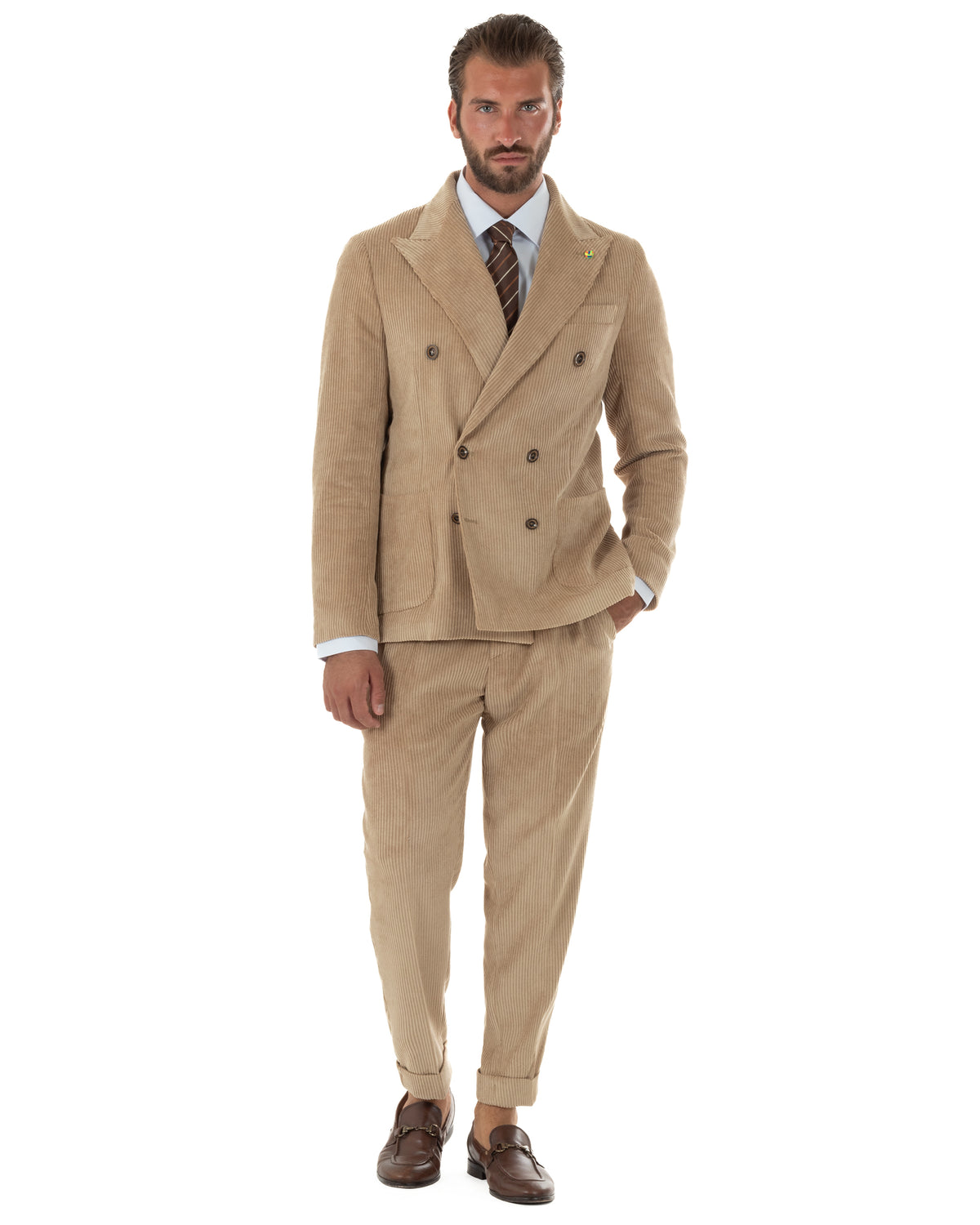 Abito uomo doppiopetto in velluto a coste giacca pantaloni beige BlackSunday-AE1290A