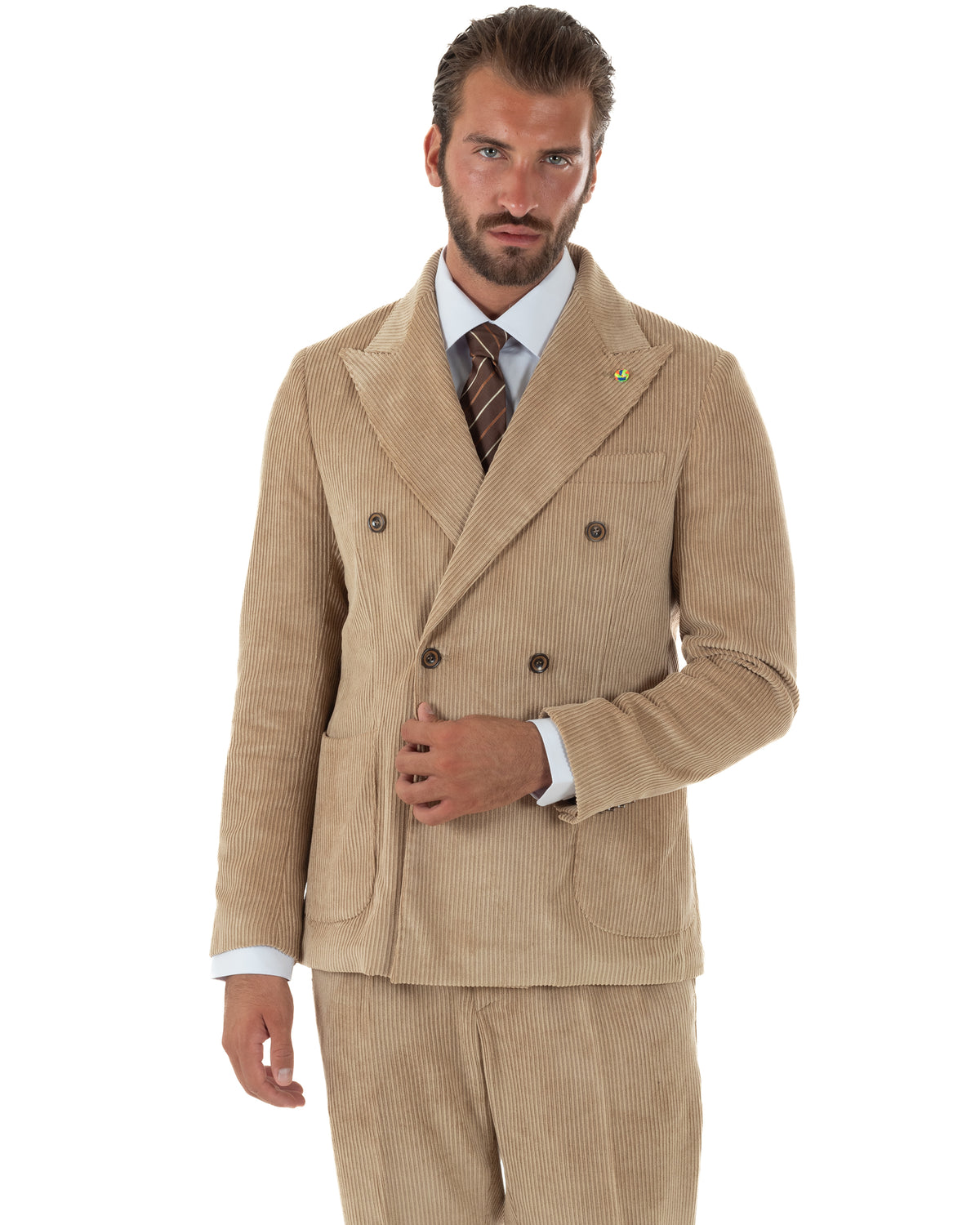 Abito uomo doppiopetto in velluto a coste giacca pantaloni beige BlackSunday-AE1290A