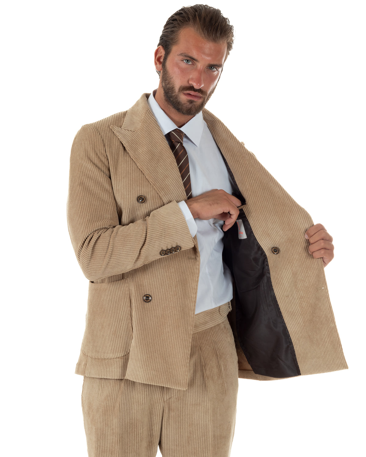 Abito uomo doppiopetto in velluto a coste giacca pantaloni beige BlackSunday-AE1290A