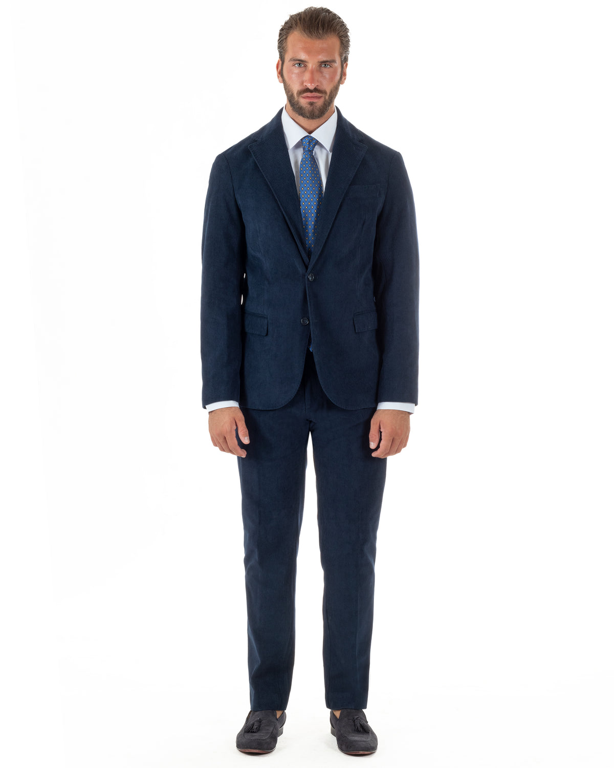 Abito uomo monopetto in velluto a coste giacca pantaloni blu GIOSAL-AE1292A