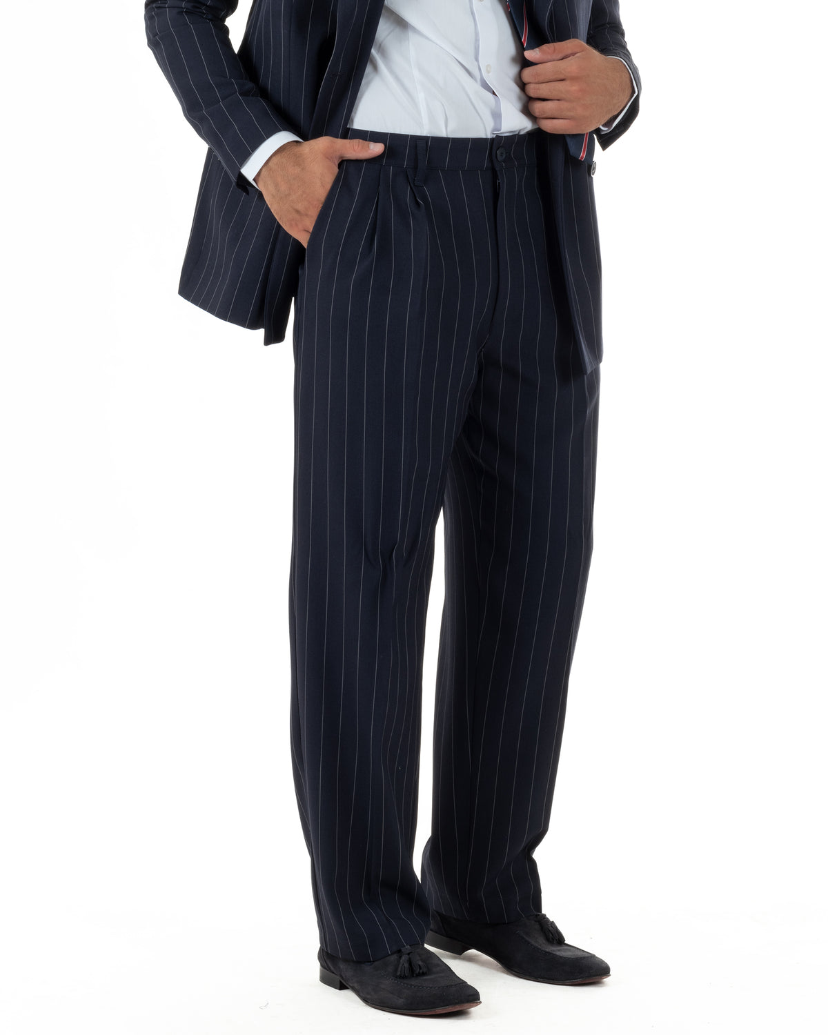 Abito uomo doppiopetto riga larga gessato giacca pantaloni over blu GIOSAL-AE1293A