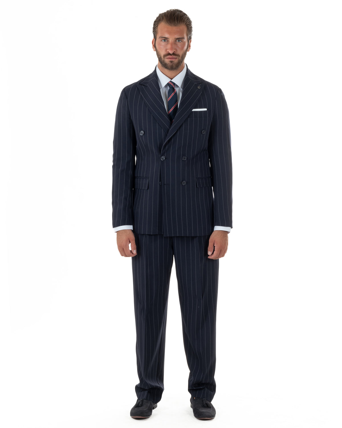Abito uomo doppiopetto riga larga gessato giacca pantaloni over blu GIOSAL-AE1293A