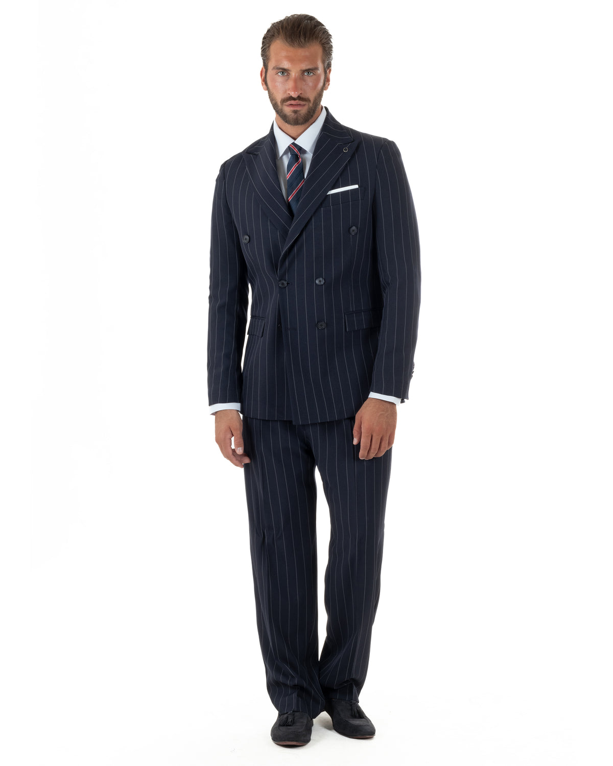 Abito uomo doppiopetto riga larga gessato giacca pantaloni over blu GIOSAL-AE1293A