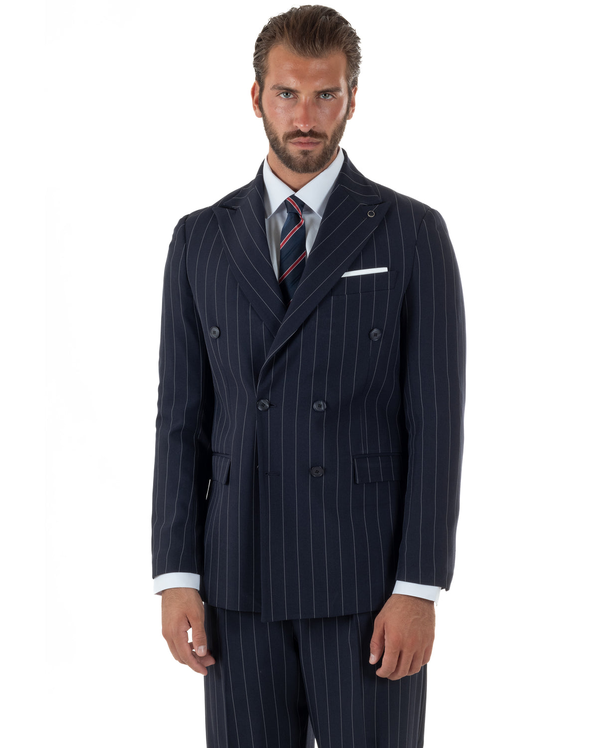 Abito uomo doppiopetto riga larga gessato giacca pantaloni over blu GIOSAL-AE1293A