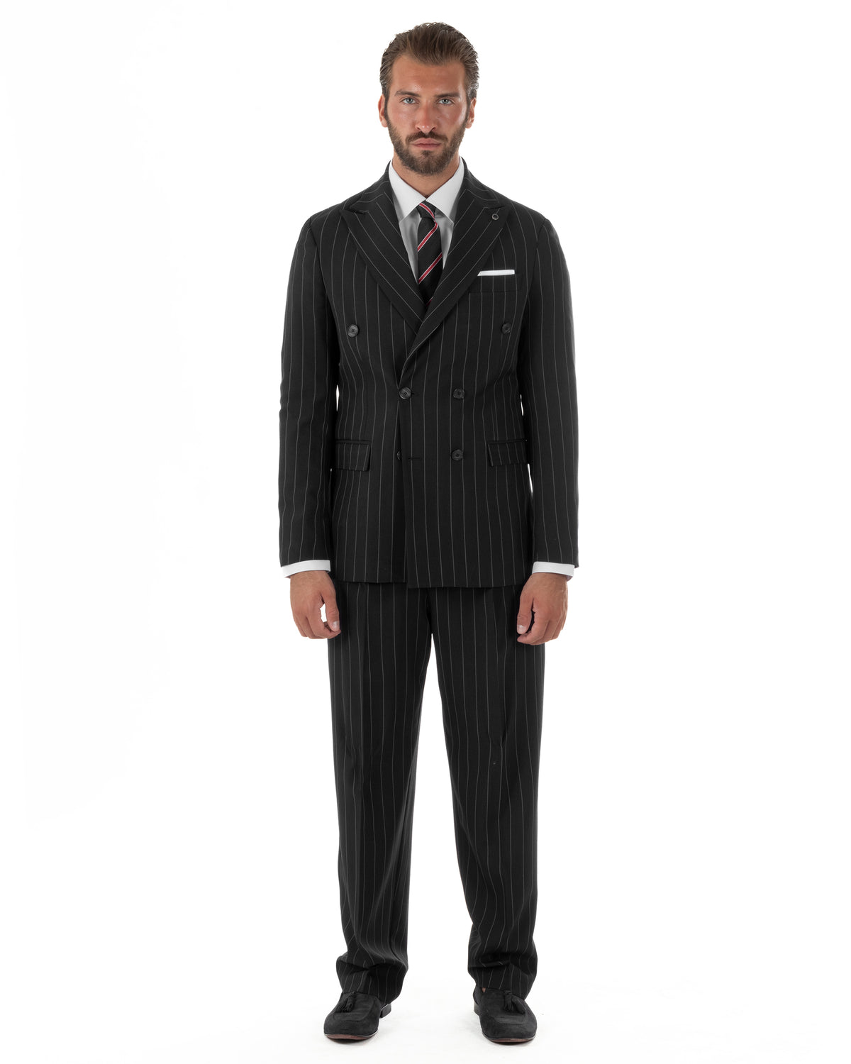 Abito uomo doppiopetto riga larga gessato giacca pantaloni over nero GIOSAL-AE1294A