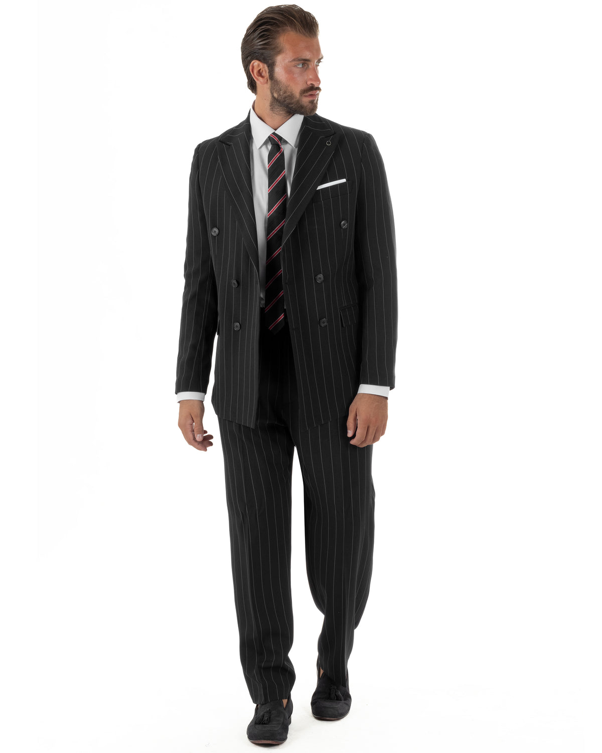 Abito uomo doppiopetto riga larga gessato giacca pantaloni over nero GIOSAL-AE1294A