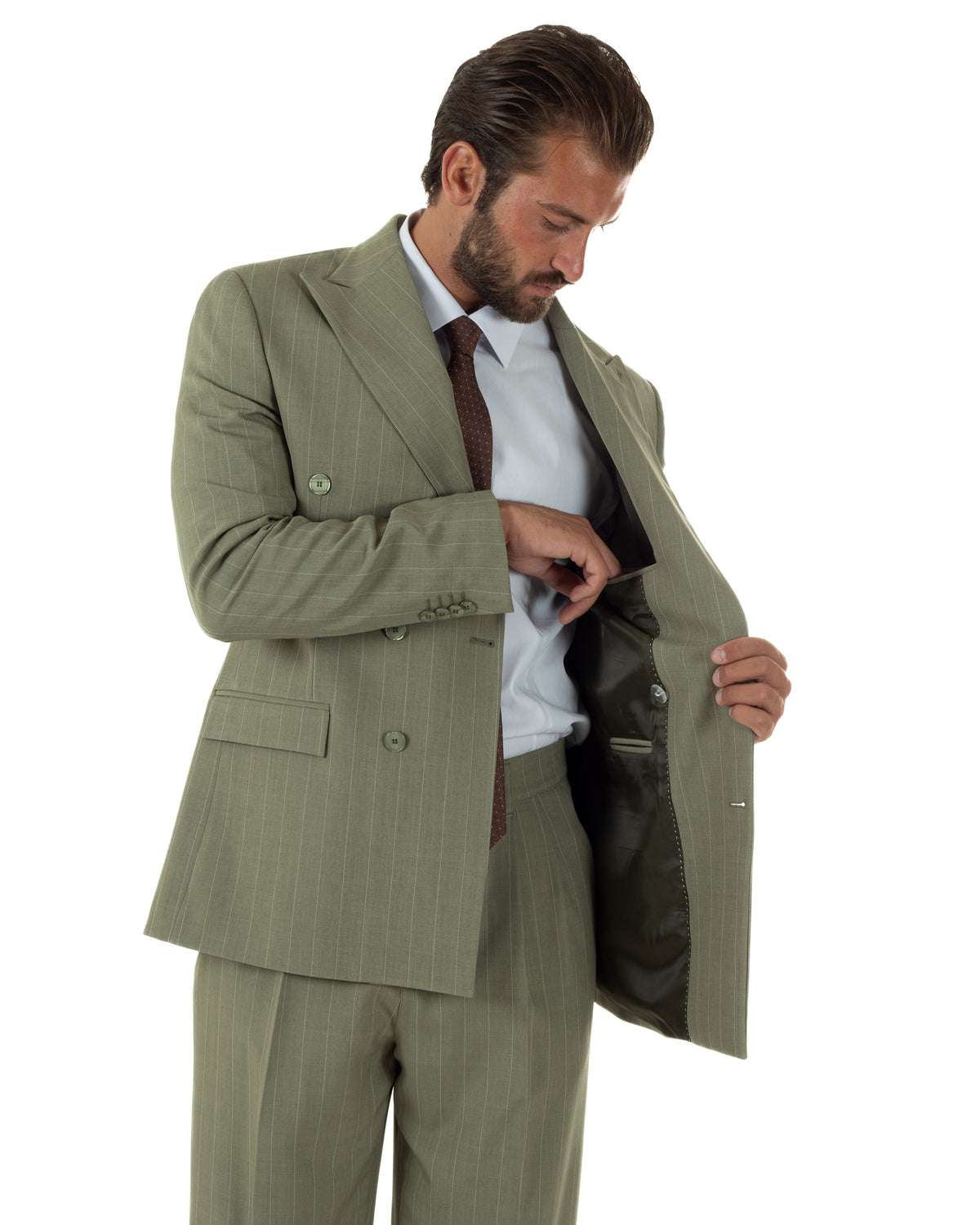 Abito uomo doppiopetto riga larga gessato giacca pantaloni over verde pesto GIOSAL-AE1295A