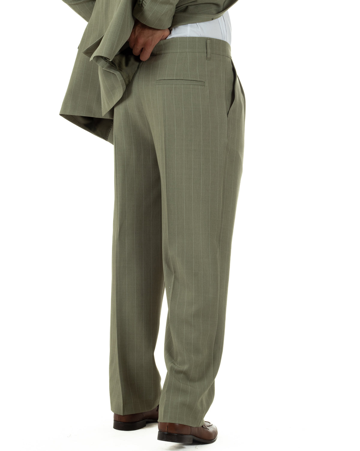 Abito uomo doppiopetto riga larga gessato giacca pantaloni over verde pesto GIOSAL-AE1295A