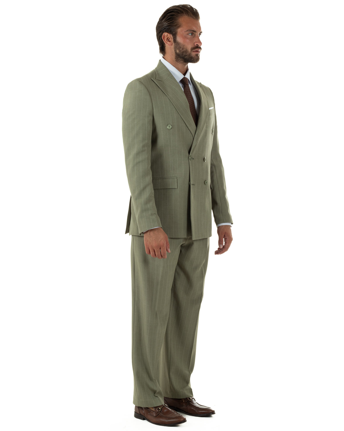 Abito uomo doppiopetto riga larga gessato giacca pantaloni over verde pesto GIOSAL-AE1295A
