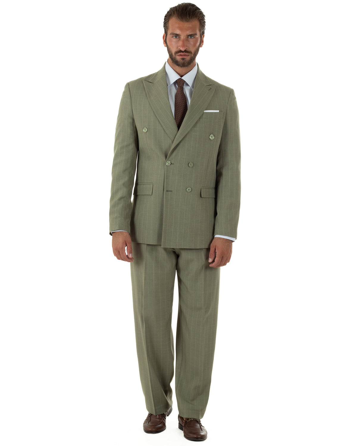 Abito uomo doppiopetto riga larga gessato giacca pantaloni over verde pesto GIOSAL-AE1295A