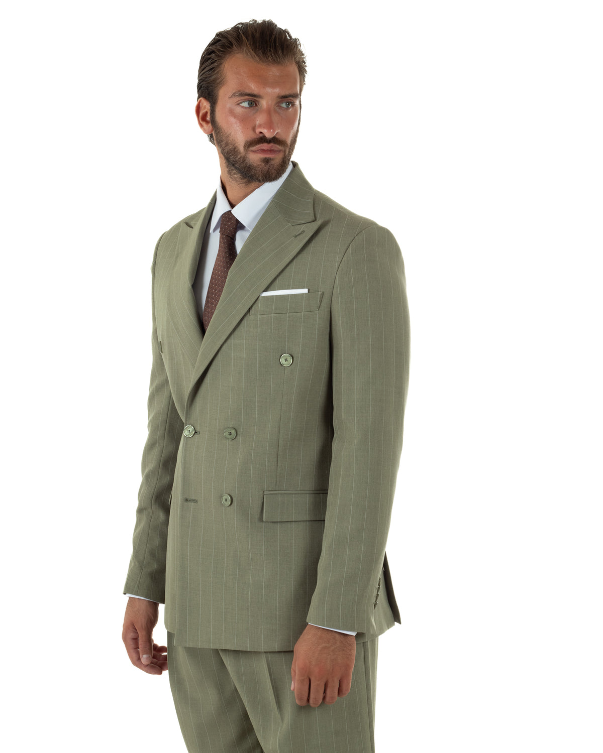 Abito uomo doppiopetto riga larga gessato giacca pantaloni over verde pesto GIOSAL-AE1295A