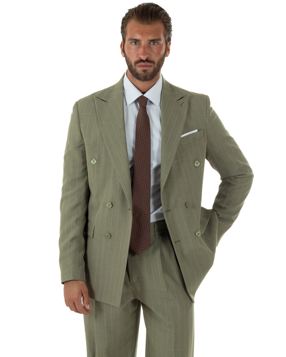 Abito uomo doppiopetto riga larga gessato giacca pantaloni over verde pesto GIOSAL-AE1295A