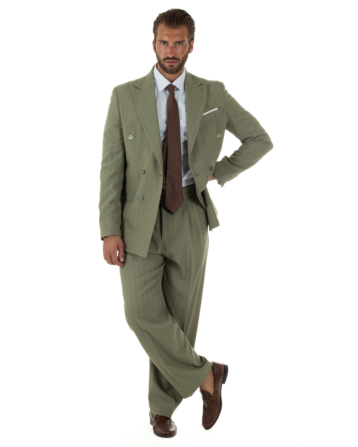 Abito uomo doppiopetto riga larga gessato giacca pantaloni over verde pesto GIOSAL-AE1295A