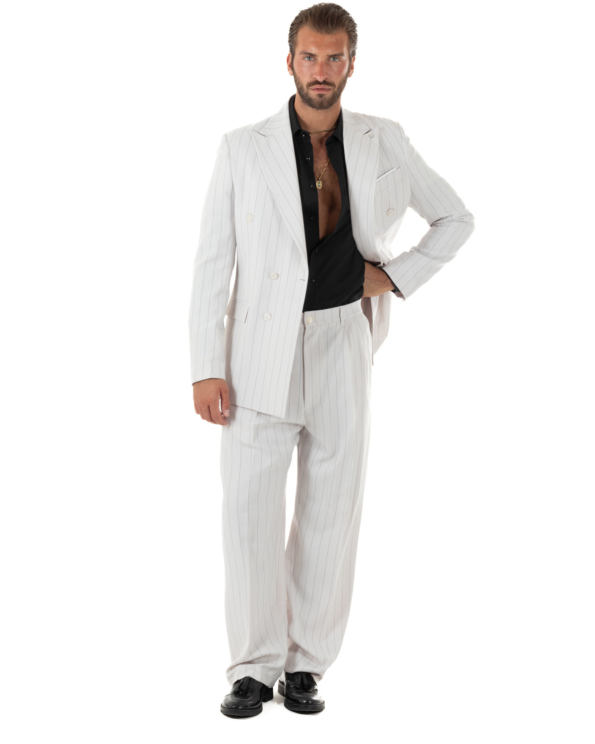Abito uomo doppiopetto riga larga gessato giacca pantaloni over bianco GIOSAL-AE1296A