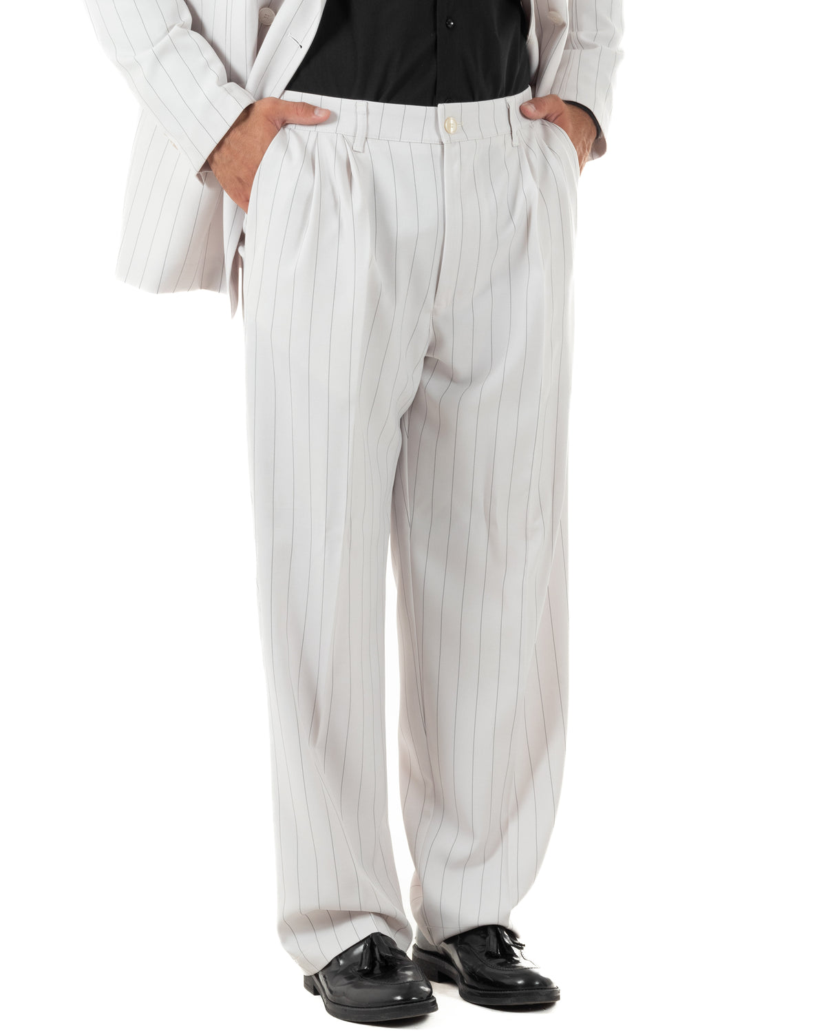 Abito uomo doppiopetto riga larga gessato giacca pantaloni over bianco GIOSAL-AE1296A