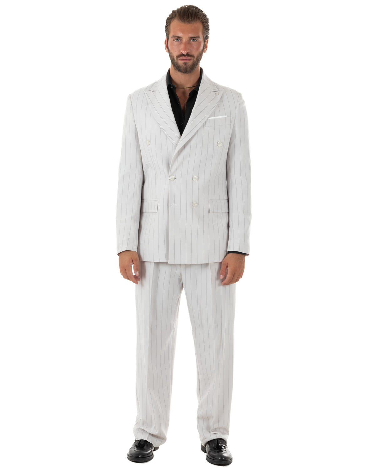 Abito uomo doppiopetto riga larga gessato giacca pantaloni over bianco GIOSAL-AE1296A