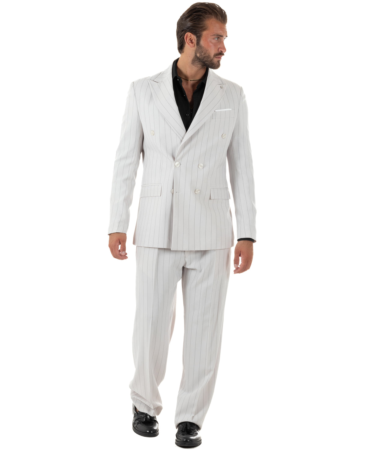 Abito uomo doppiopetto riga larga gessato giacca pantaloni over bianco GIOSAL-AE1296A