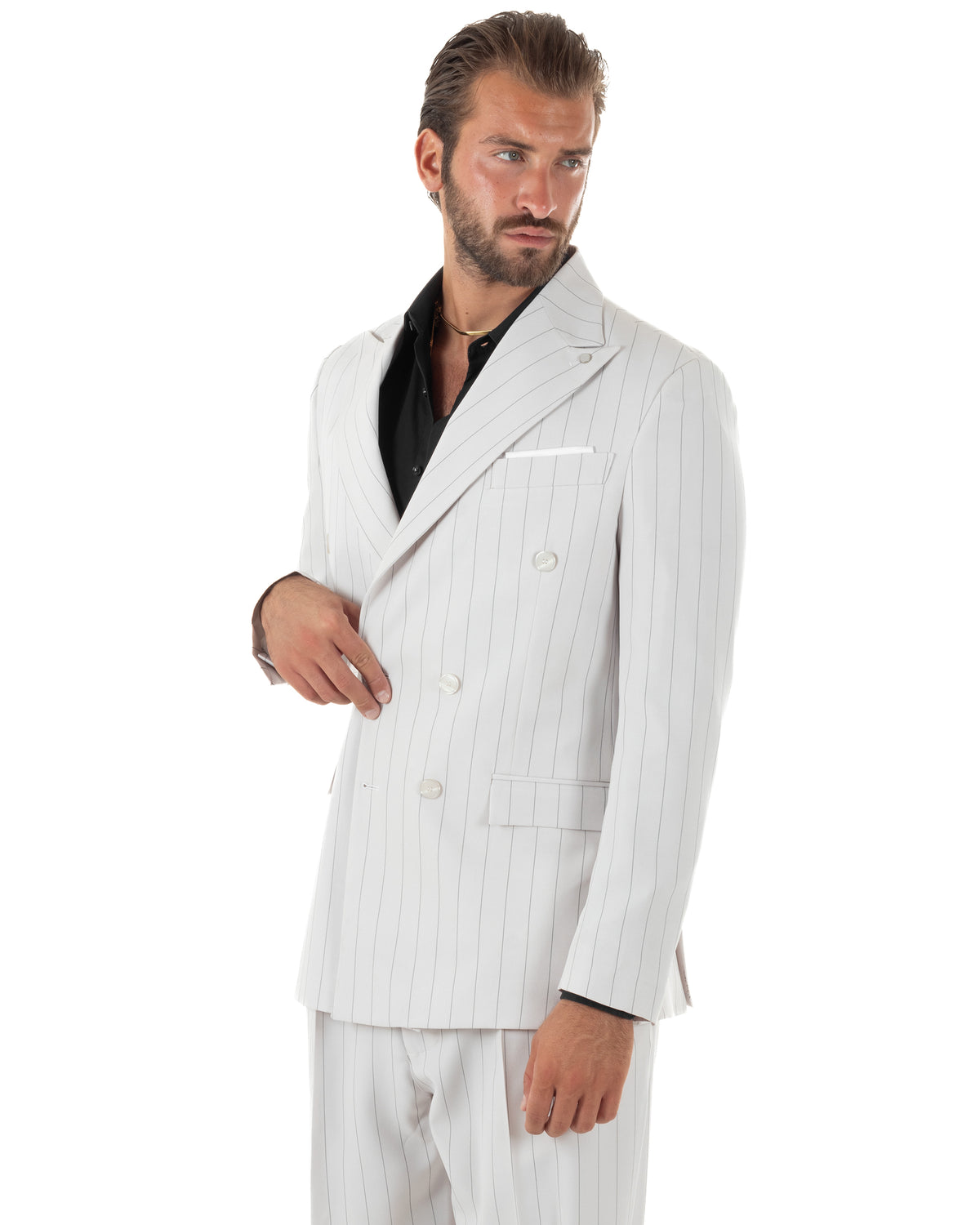 Abito uomo doppiopetto riga larga gessato giacca pantaloni over bianco GIOSAL-AE1296A