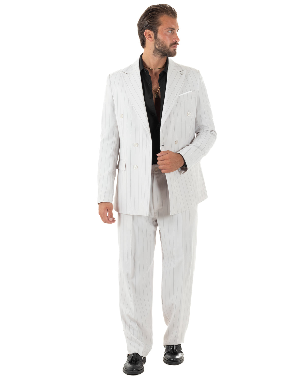 Abito uomo doppiopetto riga larga gessato giacca pantaloni over bianco GIOSAL-AE1296A