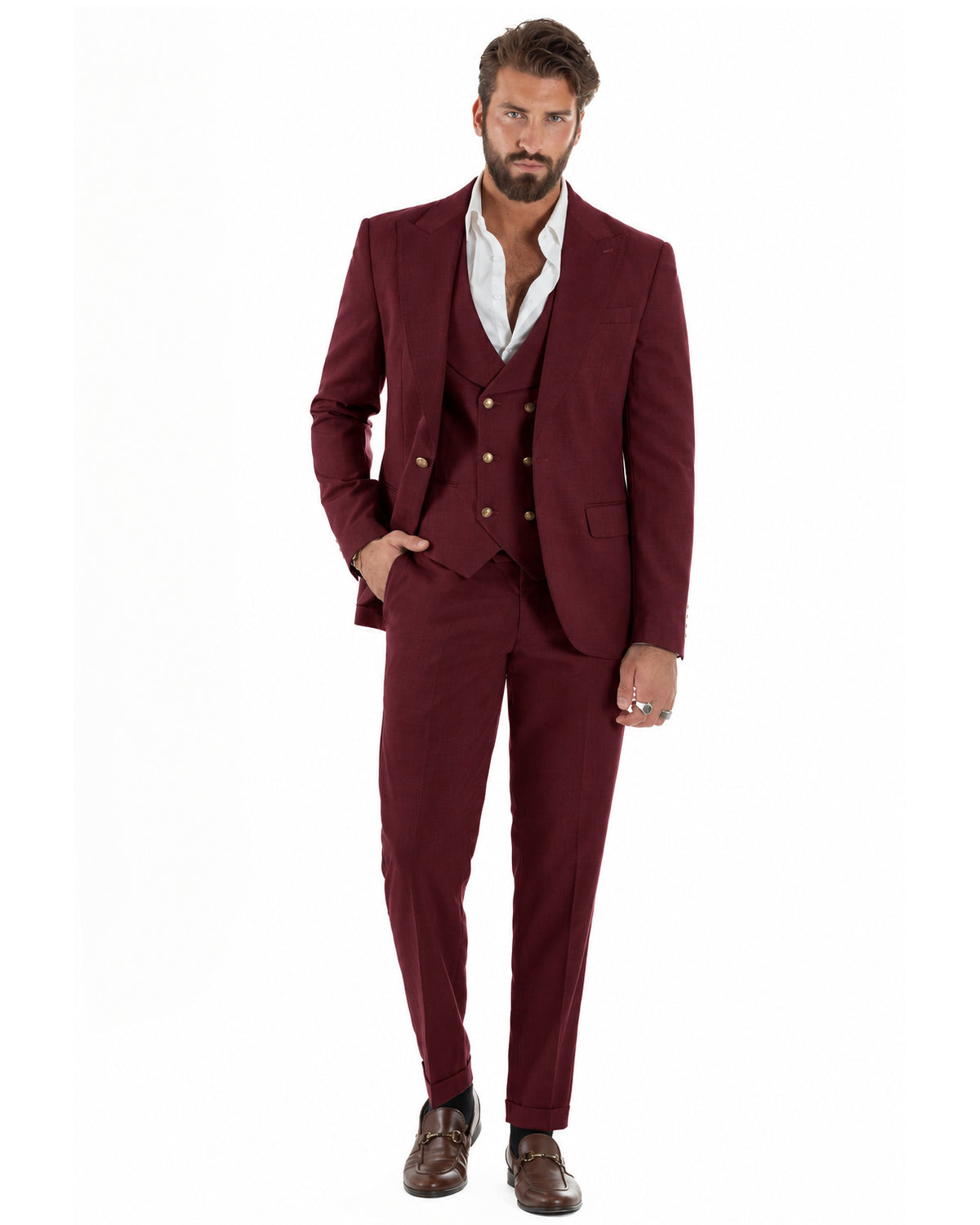 Abito uomo vestito monopetto 3 pezzi panciotto bottoni oro bordeaux GIOSAL-AE1297A