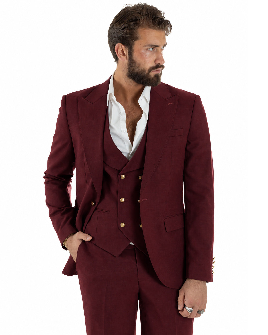 Abito uomo vestito monopetto 3 pezzi panciotto bottoni oro bordeaux GIOSAL-AE1297A