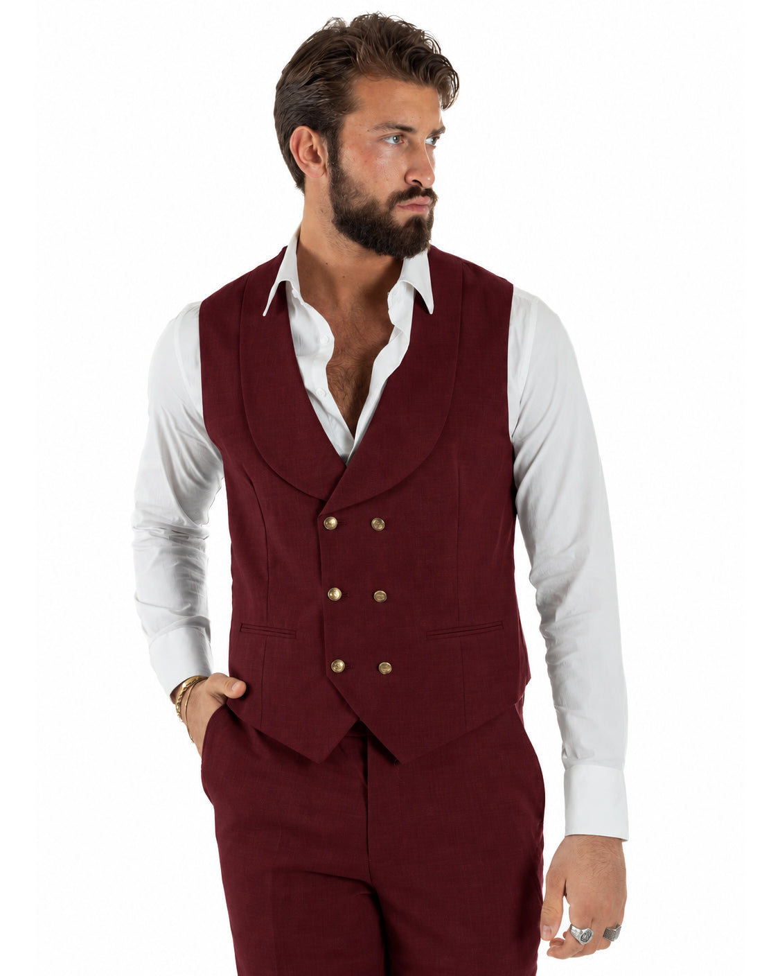 Abito uomo vestito monopetto 3 pezzi panciotto bottoni oro bordeaux GIOSAL-AE1297A