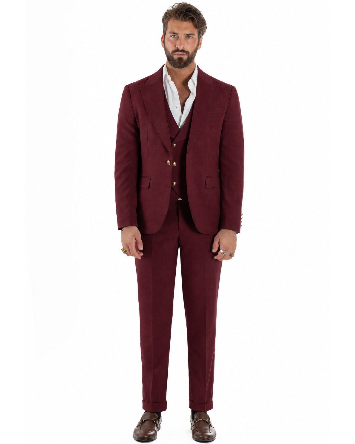 Abito uomo vestito monopetto 3 pezzi panciotto bottoni oro bordeaux GIOSAL-AE1297A