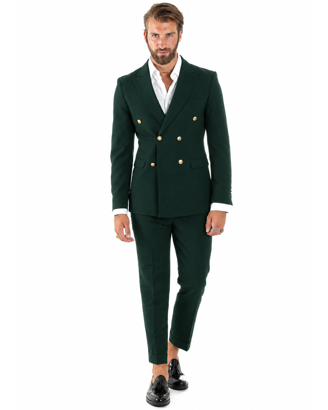 Abito uomo doppiopetto completo giacca pantaloni bottoni metallo verde bottiglia GIOSAL-AE1298A