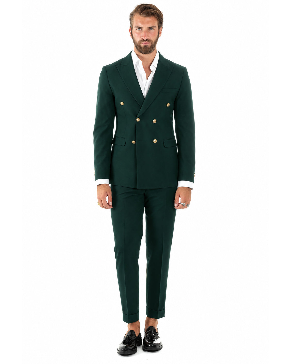 Abito uomo doppiopetto completo giacca pantaloni bottoni metallo verde bottiglia GIOSAL-AE1298A