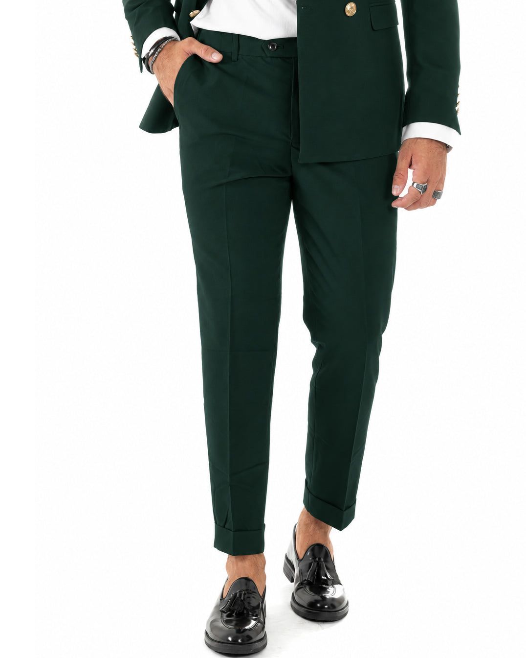 Abito uomo doppiopetto completo giacca pantaloni bottoni metallo verde bottiglia GIOSAL-AE1298A