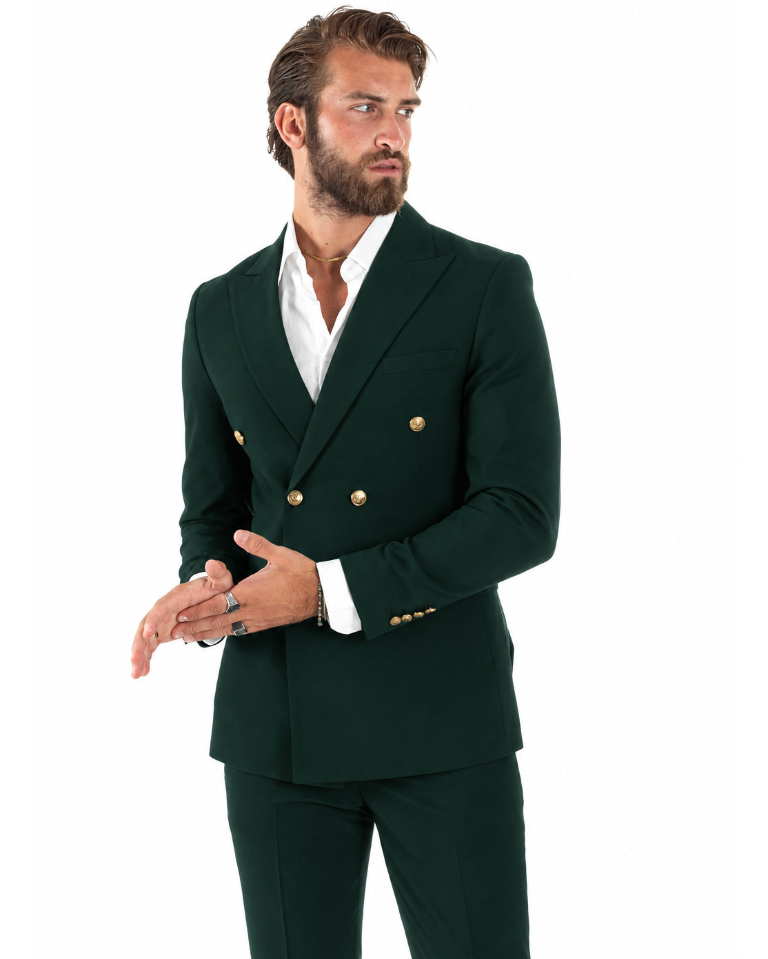 Abito uomo doppiopetto completo giacca pantaloni bottoni metallo verde bottiglia GIOSAL-AE1298A
